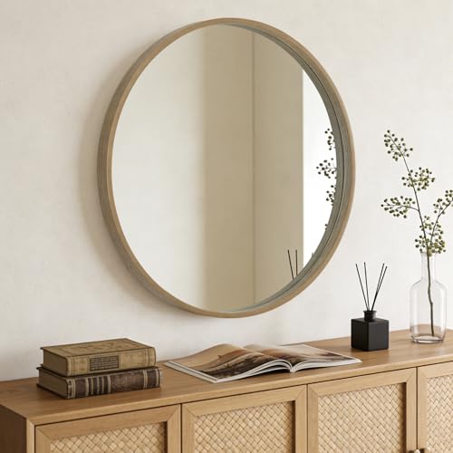 Image of WallBeyond Round Wood Mirror, 36 inch Round Modern Decoration Large Circle Wall Mirror for Bathroom Living Room Bedroom Entryway, Honey