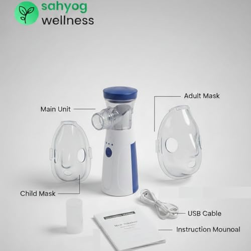 Image of Sahyog Wellness Handheld Portable Silent Mesh Nebulizer with Adult and Child Mask, USB Charging Cable for House & Travel Purpose (White & Blue)