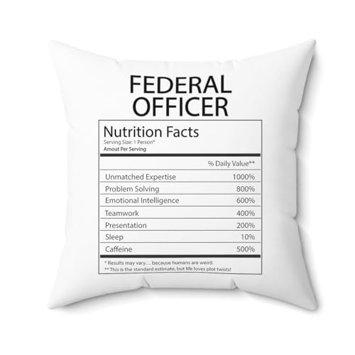 DesiDD Federal Officer Nutrition Facts Pillow - Funny Gifts for Coworker Federal Agent Employee Boss Manager Birthday Christmas Couch Living Room Bed Sofa - Cover & Insert 16x16 Inch