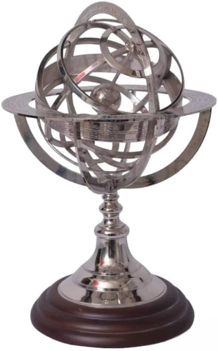 Brass Astrolabe Zodiac Sphere – 11" Rotating Armillary Globe with Sun Signs | Nickel Finish Nautical Celestial Decor.