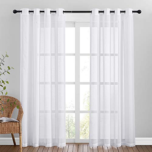NICETOWN Sheer Curtains for Living Room - Grommet Top Faux Linen Semitransparent Curtains 84 inches Long for Patio Sliding Glass Door (White, 1 Pair,