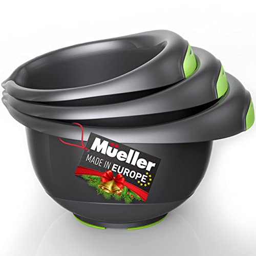 Mueller Mixing Bowls Set of 3, Baking Bowl Set with Non-slip Bottom, Ergonomic Handles, Pour Spout, Space Saving Nesting Bowls, for Cooking, Food Prep, Baking, Gray