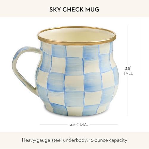 Image of MACKENZIE-CHILDS Enamel Mug, 16 Ounces, Light-Blue-and-White Sky Check