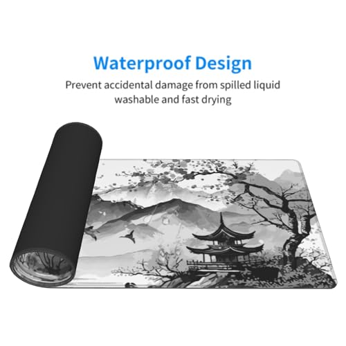 Image of Black White Japanese Watercolor Cherry Blossom Gaming Mouse Pad 31.5x11.8 XL Extended Mousepad Large Keyboard Mouse Mat Desk Pad with Non-Slip Rubber Base Stitched Edges for Home Office Game