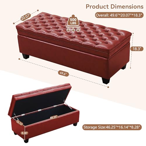 Image of WUTUTUEE 50 inch Faux Leather Storage Ottoman Bench, End of Bed Upholstered Rectangle Storage Ottoman Tufted Living Room Bedroom Bench with Safety Hinge, Solid Wood Legs, Loads 500 lb(Red)