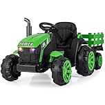 COSTWAY Kids Ride on Tractor with Trailer, 24V Electric Vehicle with Remote Control RGB LED Headlights, Music, USB, Dual Motors Battery Powered Ride on Car for 3-7 Years Old (Green)