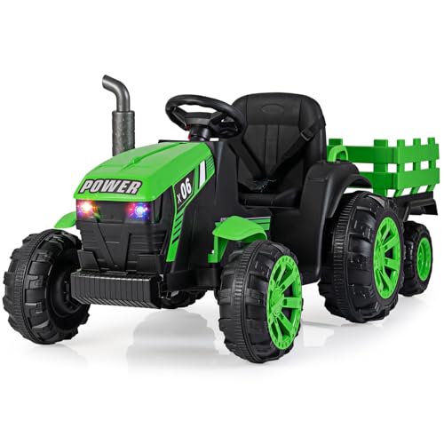 COSTWAY Kids Ride on Tractor with Trailer, 24V Electric Vehicle with Remote Control RGB LED Headlights, Music, USB, Dual Motors Battery Powered Ride on Car for 3-7 Years Old (Green)