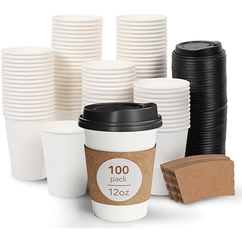 DAILYLIFE 12oz Disposable Coffee Cups with Black Lids & Sleeves - 100 Pack | Thickened Paper Cups for Hot Drinks | Leak-Free for Over 7 Days | DIY Customizable for Home, Office, Parties Cover