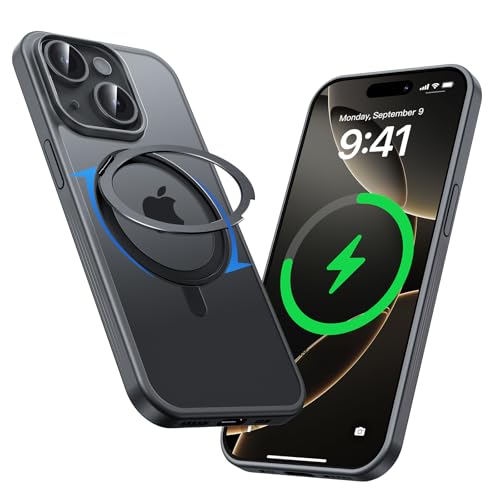 MAGIC JOHN for iPhone 15 Case 360° Rotatable Magnetic Invisible Stand, Fit for MagSafe 15 Phone Case, 16FT Military Grade Shockproof for iPhone Case with Kickstand, Black