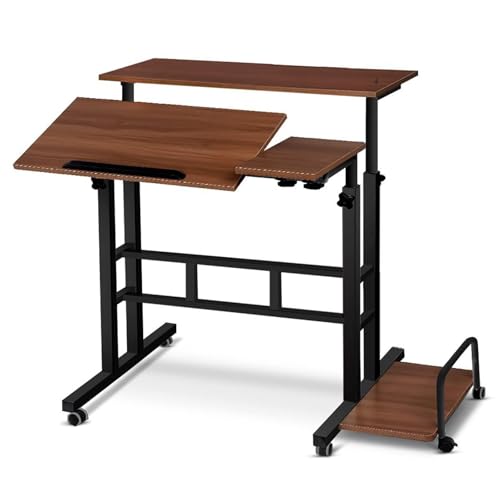 Escritorio De Pie O Sentado Con Estación De Trabajo De Altura Ajustable, Escritorio De Pie Móvil, Con Soporte De Torre Para Computadora, Soporte Portátil Para Computadora Portátil(Teak)