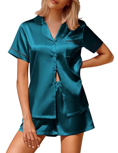 Image of Ekouaer Silk Satin Pajamas 2 Piece Pajamas for Women Set Button Down PJ Short Sleeve and Shorts Pjs Lounge Sets