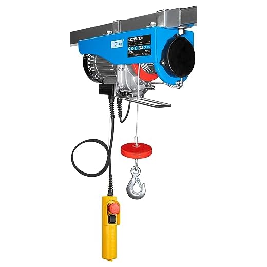 Güde Elektro-Seilzug GSZ 100/200 (450 W, GS-geprüft, max. Hubkraft ohne/mit Umlenkrolle 100/200 kg, inkl. 12 m Seil, Bedienelement mit Notausschalter, Sicherheitshaken, einfache Montage ohne Bohren)
