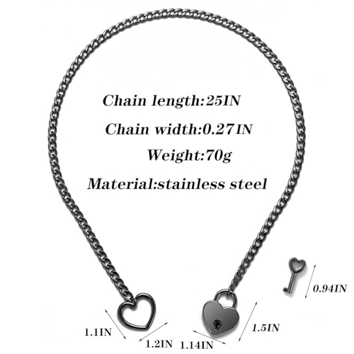 Women's Stainless Steel Heart O-Ring Adjustable Lariat Y-Necklace Punk Long Cuban Lock Necklace with Key4