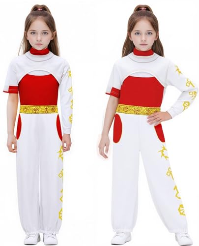Girls Cheerleader Athletic Clothing Set Uniform Outfit White Hooded Sweatshirt Red Mesh Top and Pants 3PC3