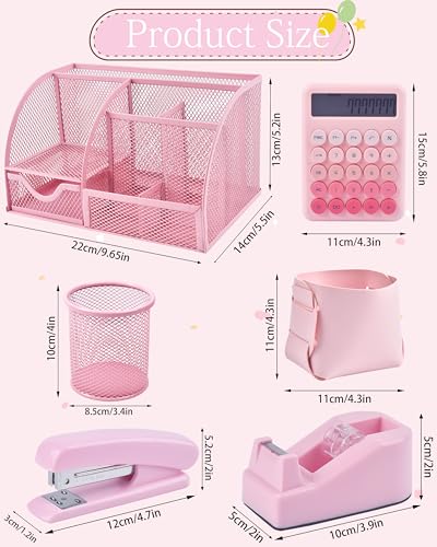 23pc Pink Desk Accessories and Organizers With Mesh Organizer Stapler Tape Dispenser Calculator and a Lot of Office Pink Office Supplies Beautifully Presented in a Gift Box - Image 3