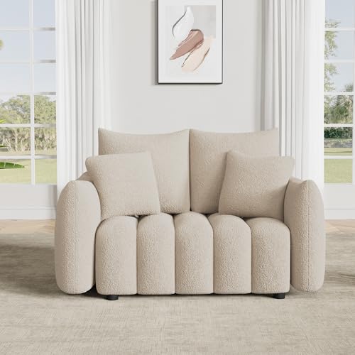 Image of OUYESSIR 56 inch Modern Sofa Couch, Comfy Deep Seat Teddy Cloud Sofa, Upholstered 2-Seater Boucle Couch, Oversized Loveseat for Living Room, Bedroom, Office, Apartment, Light Brown