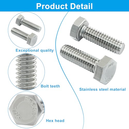 Image of 5 /16-18 x 1 Hex Head Screw Blot 304 Stainless Steel Hex Bolts, Steel Fully Threaded Hex Tap Bolts Fastener Silver 15Pcs