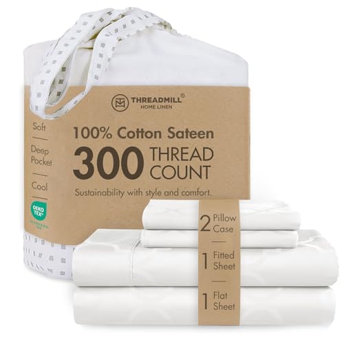 Image of Threadmill 300 Thread Count Cotton Twin Sheet Set, Sateen, Damask, White | 100% Cotton, Sateen Weave, Damask Pattern, 3-Piece Set, 16 inch Deep Pocket, Cooling, Breathable, OEKO-TEX Certified