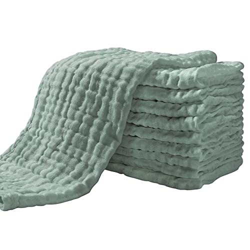Image of Yoofoss Muslin Burp Cloths for Baby 10 Pack 100% Cotton Baby Washcloths for Boys Girls Large 20''X10'' Super Soft and Absorbent Dark Green