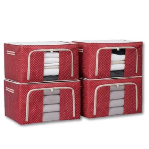 Image of RENVA 6PCS polycotton Clothes Storage Organizer Bins, Foldable Storage Bins-Cloth Steel Frame Storage Box with Foldable Clear Window & Reinforced Handles (Red, 24L-6)