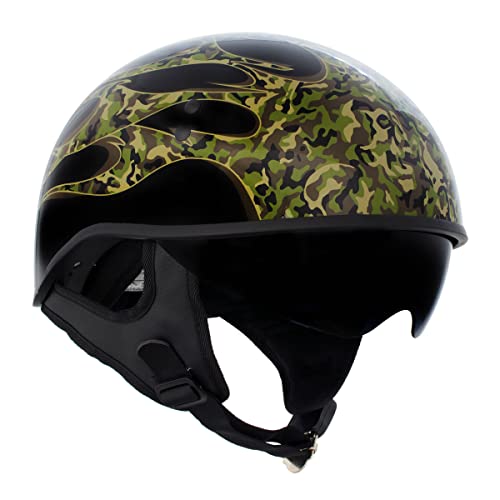 Hot Leathers Hld1047 Gloss Black 'Camo Skull Flames' Advanced Dot Skull Half Helmet With Drop Down Tinted Visor - X-Large #TOP4