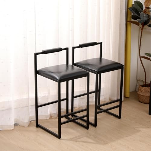 Set de 2 Butacos de Altura de Barra, Butacas de Cuero PU Negro con Reposapiernas y Patas de Metal Negro, Diseño Moderno Sin Brazos para Cocina o Barra (Altura de asiento 24.8") miniatura 4