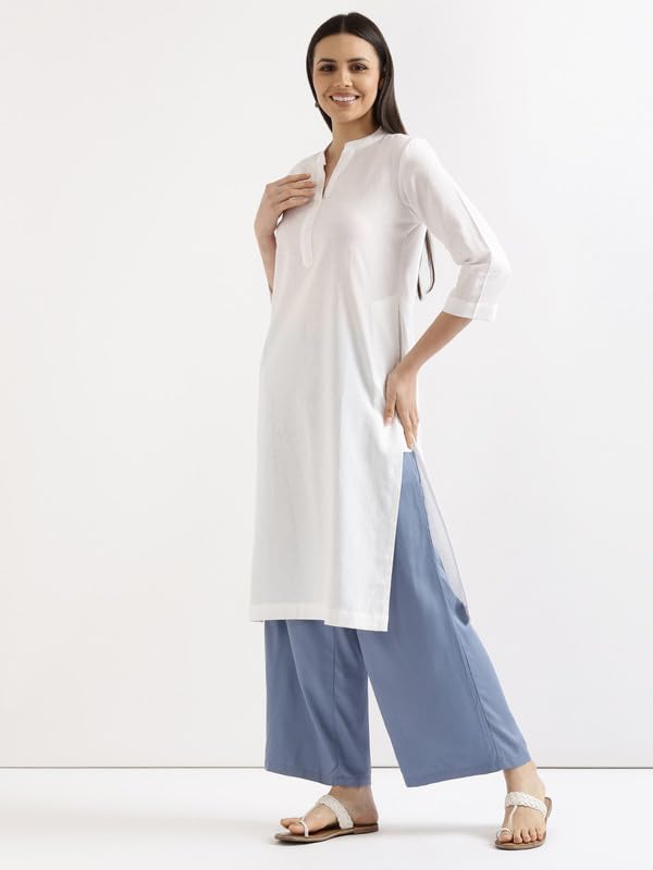 Image of SAADAA Women's Linen Straight Fit Straight Long Kurta Airy Plain Kurta, 3 /4 Sleeve, Knee Length Kurtis with Pockets, Casual and Office Wear