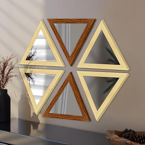 Image of Art Street Acrylic Triangle Decorative Wall Mirror Set of 6 Triangle Shape Mirror for Home Decoration, (9x9 Inch, Brown, Beige)