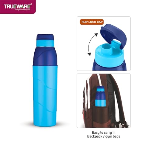 Image of Trueware Wave 500 ML Plastic Insulated Water bottlle for Cold Water, BPA Free, Food Grade, Leak Proof, Airtight (Blue)