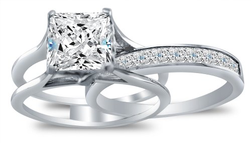 Size 4.5 - Solid 925 Sterling Silver Bridal Set Princess Cut Solitaire Engagement Ring with Matching Channel Set Wedding Band CZ Cubic Zirconia 2.0ct. with Elegant Velvet Ring Box