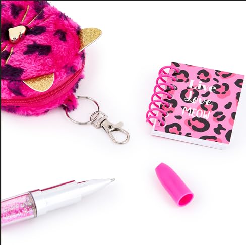 VOTUM Portachiavi con charm leopardato rosa per zaini, borse, borsette, chiavi dell'auto con set di cancelleria - Include mini quaderno, penna gel, gomma, adesivi - Regalo divertente per ragazzi e
