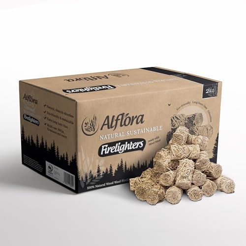 Alflora 200 pcs 2KG Premium Wood Wool Handmade Firelighters - 100% Natural, Eco-Friendly, Sustainable - Quick & Safe Lighting - Clean, Odourless, Longer Burning - Indoor & Outdoor Uses