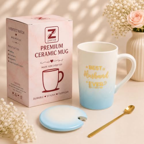 Image of ZAICUS Best Husband Ever Coffee Mug with Lid & Spoon, Gift for Husband | Suitable for Hot & Cold Beverages | Ceramic Mug | Elegant White & Blue Finish