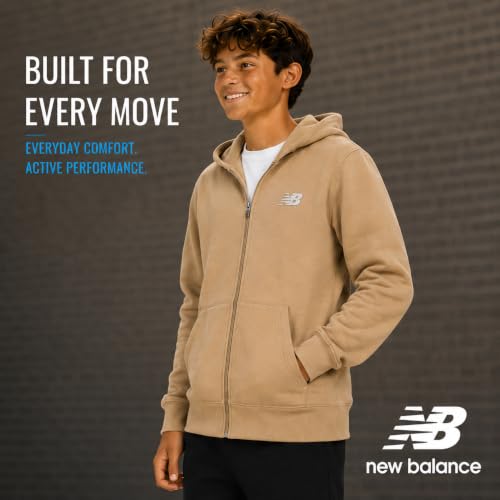 Image of New Balance Boys Zip Up Warm Fleece Hoodie Sweatshirt, Activewear 8-20 | Ribbed Cuffs & Kangaroo Pockets, Full Zip Front Closure, Durable Layer for School, Sports & Weekend Outings
