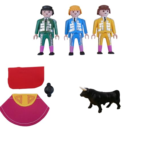 Pack Juguetes taurinos - Set Toreros Playmobil customizados | 3 clics + Toro + Accesorios | Capote, muleta y montera | Hecho a Mano | Ideal para Jugar o Regalar
