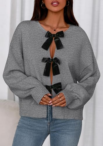 PRETTYGARDEN Cardigan Sweaters for Women Fall Fashion 2026 Bow Tie Front Long Sleeve Knit Sweater Tops Cute Winter Clothes (Grey,X-Large) — view 3