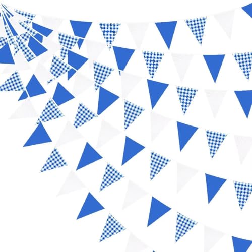 32Ft Deep Blue Party Decorations Blue Buffalo Plaid Checkered White Triangle Flag Gingham Pennant Bunting Fabric Garland for Picnic Racing Car BBQ Birthday Wedding Outdoor Garden Oktoberfest Decor