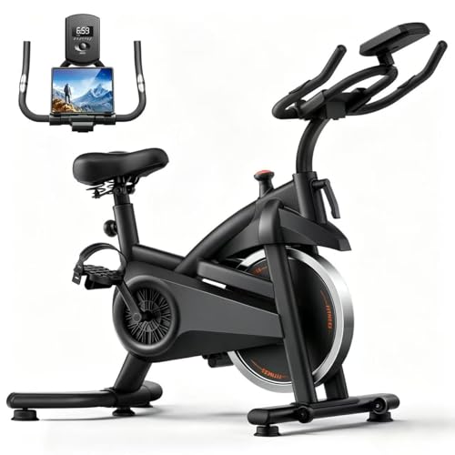 Image of Exercise Bike,Brake Pad Stationary Bike for Home with 0-100 Resistance & App, Silent Belt Drive Stationary Workout Bike for Home with Comfort Seat, Low Noise Indoor Cycling Bike with Heart Rate / Tablet & Bottle Holder, 300 LBS Capacity