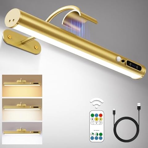 Hapfish Motion Sensor Battery Operated Wall Sconce, Wireless Picture Lights for Wall, Rechargeable Magnetic Art Lighting with Remote Control, Battery Picture Light for Poster Dartboard Mirror – Gold Cover