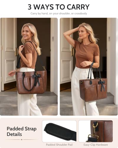 Image of Laptop Tote Bag for Women, Leather Work Tote with Padded Laptop Compartment, Cup Holder, Office Computer Briefcase