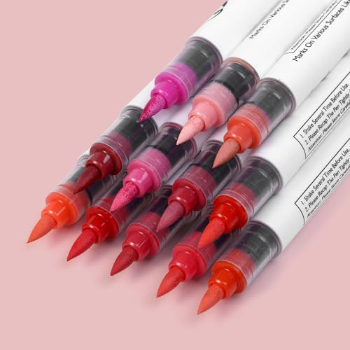 Image of Red Tones Acrylic Paint Pens, 12 Colors Markers Set with Soft Brush & Bullet Tip, for Rock, Painting, Wood, Glass, Ceramic, Canvas, Stone, DIY Crafts, Making Art Supplies, Fabric Paint