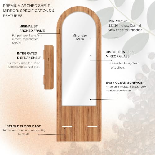 Image of Creative Arts n Frames Full length 15x47 inch Long Wall Mount HD Mirror with Shelf for Bedroom Bathroom Living room Home Office Decor(15x47 inch Framed Mirror with Shelf Arch Natural Iqurel Oak Light)