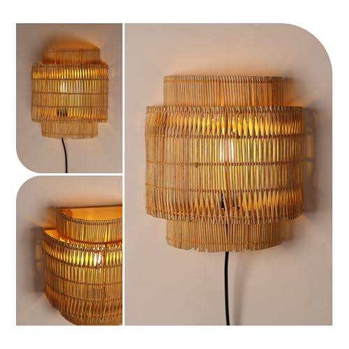 Image of Habere India-All the Cultures Fabricating India Cane Wall Lamp | Rattan Wall Light for Bedroom & Living Room | Decorative Wall Mount Lamp (L22 x W12 x H24 cm)