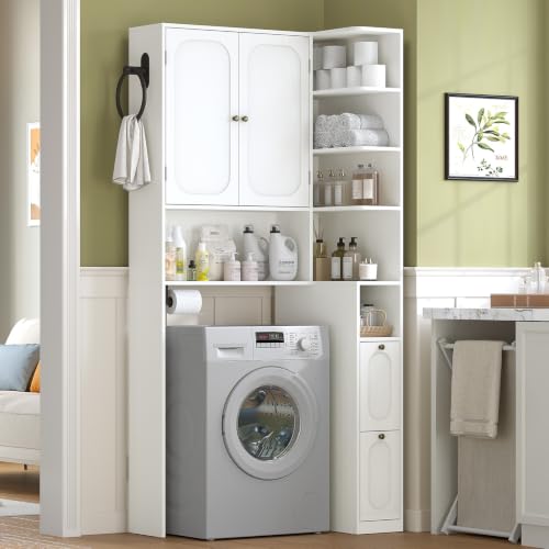 7-Tier-L-Shaped-Wooden-Over-the-Toilet-Storage-Cabinet-with-Doors-Modern-Over-Toilet-Bathroom-Organizer-Shelf-with-2-Large-Drawers-Bathroom-Over-Toilets-Storage-Cabinet-Space-Saver-White