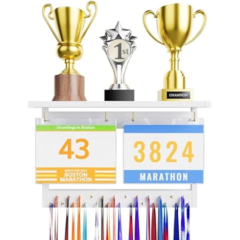 DSVENROLY Bib and Medal Hanger Display for Wall, Upgrade Wooden Cheer Race Medal Holder for Running Gymnastics Wrestling, Trophy Shelf Organizer Wall Mount, 25 Hooks and 30 Race Bibs(White) Cover