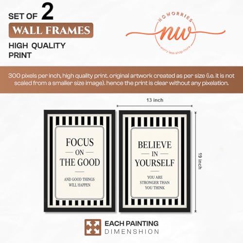 Image of NoWorries Motivational Wall Art Framed Set of 2 | Inspirational Quotes Prints with Frames | Black & White Positive Affirmation Artwork Paintings Decor for Office, Bedroom & Living Room (Art-20, 13x19inch)