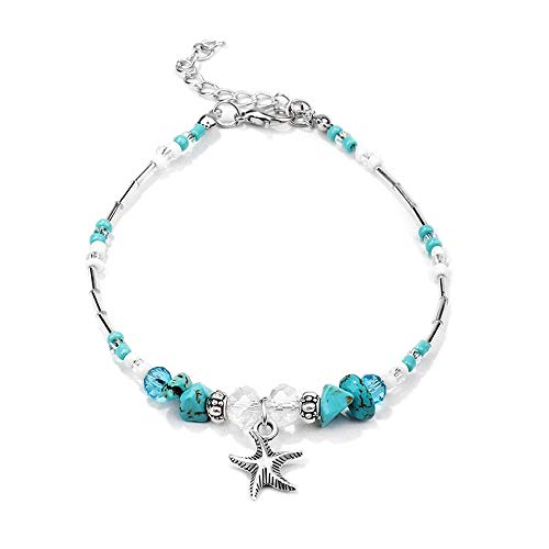 Image of Softones Blue Starfish Turtle Anklet Multilayer Charm Beads Sea Handmade Boho Anklet Foot Jewelry for Women