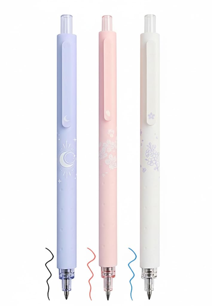 Azonee Retractable Refillable Gel Ink Pens 0.5mm Fine Point Sakura 3 Pieces 2 Black Ink and 1 Pink Ink