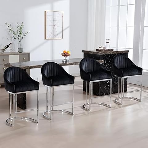 Haplized Counter Height Bar Stools Set of 4, 27.5" H Modern Barrel Counter Stools with Shell Back and Chrome Metal Base, Velvet Fabric Upholstered Accent Barstools for Kitchen Island, Black Cover