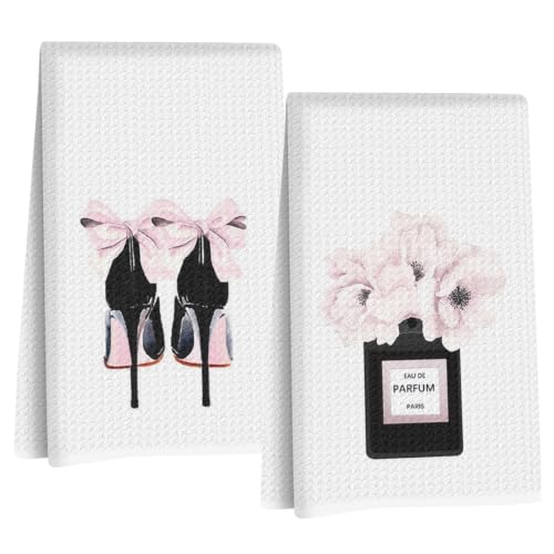 Image of 2 Pcs Pink Hand Towels, Perfume High Heeled Shoes Reusable Dish Towels | Fashion Gifts for Women Mom Girls Friend, Waffle Weave Microfiber Towels for Bathroom Home Decor 24x14 Inch